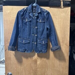 Lands End Retro Denim Jacket Blazer Women Size  Petite 8 Floral Blue Flip Cuffs